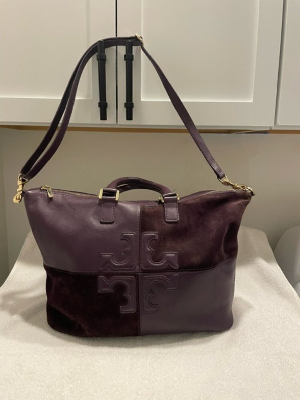 Tory Burch Natalie Satchel Wild Plum Suede & Leather Tote Shoulder Bag w/Strap
